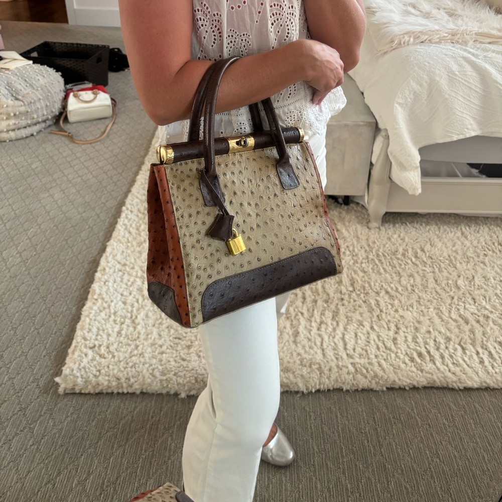 BAGITALI Genuine Leather Ostrich Print Bag W/ 3 tone leather & gold hardware